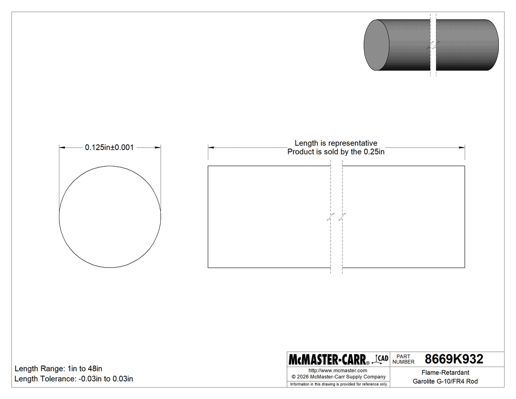 Technical Drawing of Flame-Retardant Garolite G-10/FR4 Rod, Green, 1/8" Diameter.